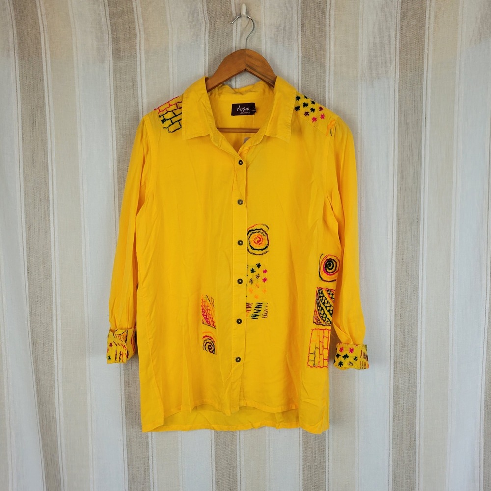NEW Avani Del Amour Button Down Shirt Blouse Yellow Size Small‎
